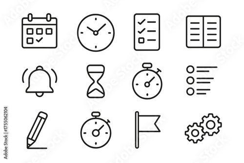 Daily Planning Icons. Daily planning. Line icon set of Daily planning: calendar, clock, checklist, planner, alarm bell, hourglass, stopwatch, task list,