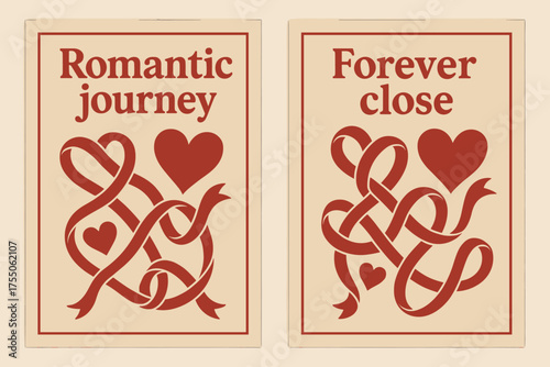 Retro Romantic Banners. Romantic journey. Two vertical A6 banners with safe margins, centered composition, no elements touching edges, retro, red and beige,