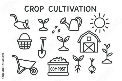 Farming Tools Doodle. Crop Cultivation. Hand-drawn doodle illustration Crop Cultivation plow seedling watering can basket barn sun rain hoe plant wheelbarrow