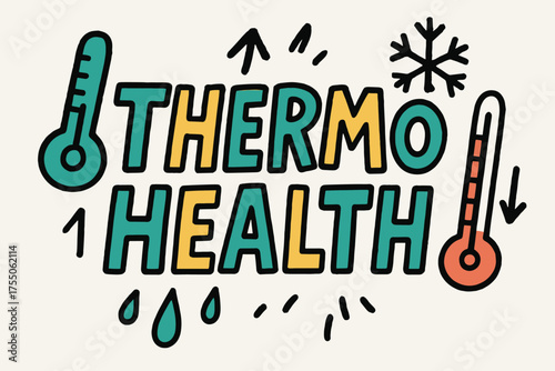 Playful Thermo Health Sketch. Doodle / Sketch: "Thermo Health" ? playful hand-drawn letters, rough outlines, arrows, thermometers, sweat, and snowflake