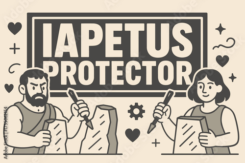 Iapetus Protector Banner. Iapetus Protector banner, flat vector illustration, bold oversized text inside rectangular frame, cartoon characters standing and