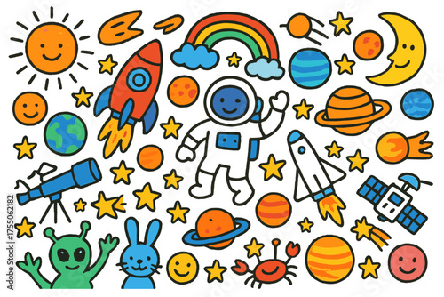 Cosmic Adventure Doodles. Cosmic Exploration. Colorful Hand-drawn doodle Children illustration rocket, astronaut, planets, stars, moon, telescope, satellite,
