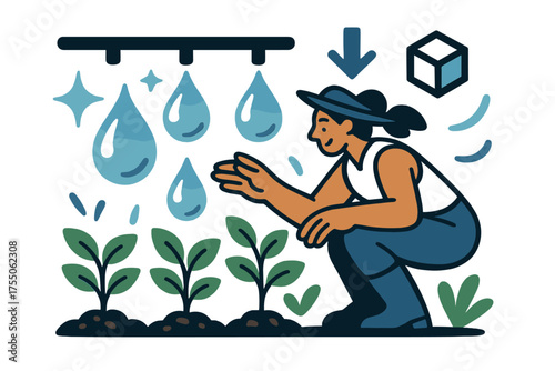 Eco-friendly Irrigation Design. Eco-friendly irrigation. Glowing water droplets falling gently onto crops through a sustainable drip system. Floating icons of
