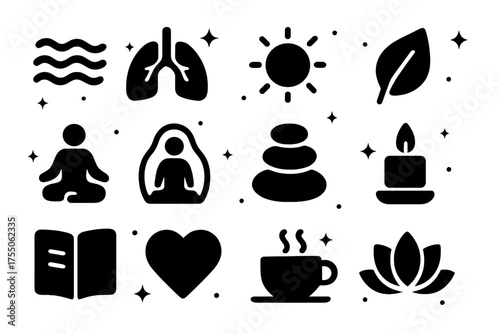 Breathing Icons Collection. Breathing Exercises. Solid icons set of Breathing Exercises: calm waves, lungs, sun, leaf, person meditating, aura, zen stones,