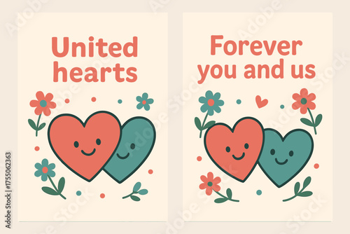 United Hearts Banners. United hearts. Two vertical A6 banners with safe margins, centered composition, no elements touching edges, cartoon, coral and teal,