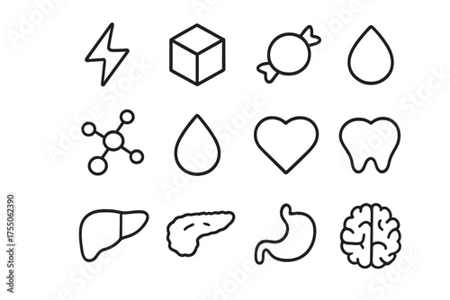 Sugar and Energy Icons. Sugar and energy. Line icon set of Sugar and energy: energy bolt, sugar cube, candy, glucose molecule, blood drop, heart, liver,