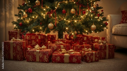 Cozy Christmas scene with glowing lights and wrapped boxes.