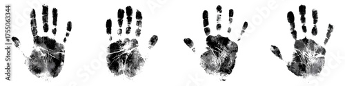 Set of black ink handprint with detailed texture and smudges, isolated on transparent background.