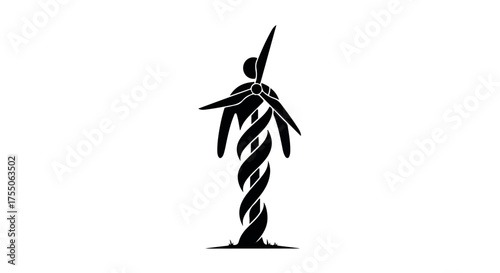 Human figure merging with wind turbine blades represents renewable energy and environmental harmony.