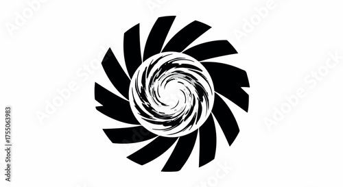 Abstract swirling vortex design with radiating blades, symbolizing energy and motion.
