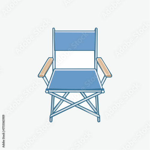 A simple illustration of a blue folding director's chair with wooden armrests on a white background.