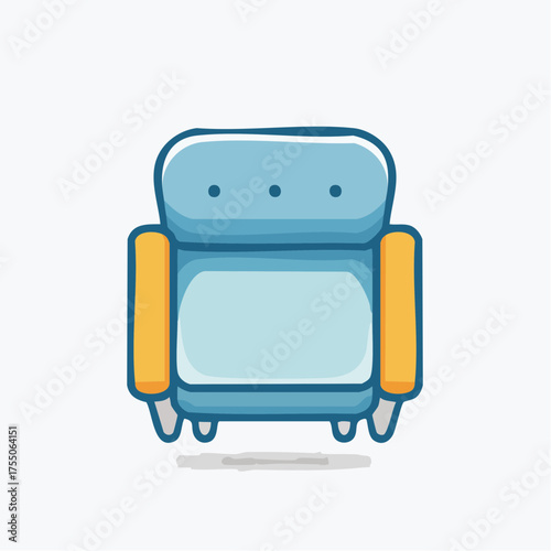 Illustration of a blue armchair with yellow armrests on a white background.