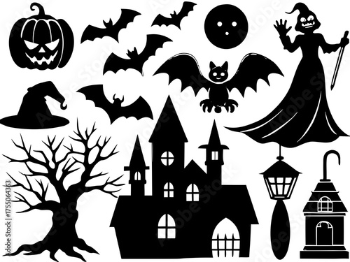 Halloween silhouette vector bundle graphic set spooky castle bats pumpkin witch tree icons silhouette Vector white background