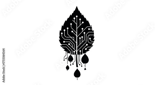 Abstract digital leaf with circuits and flowing drops representing eco technology