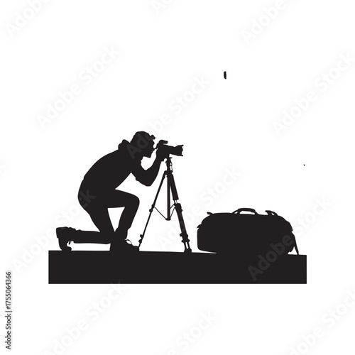 Silhouette of a photographer with a camera on a tripod and a duffel bag vector illustration