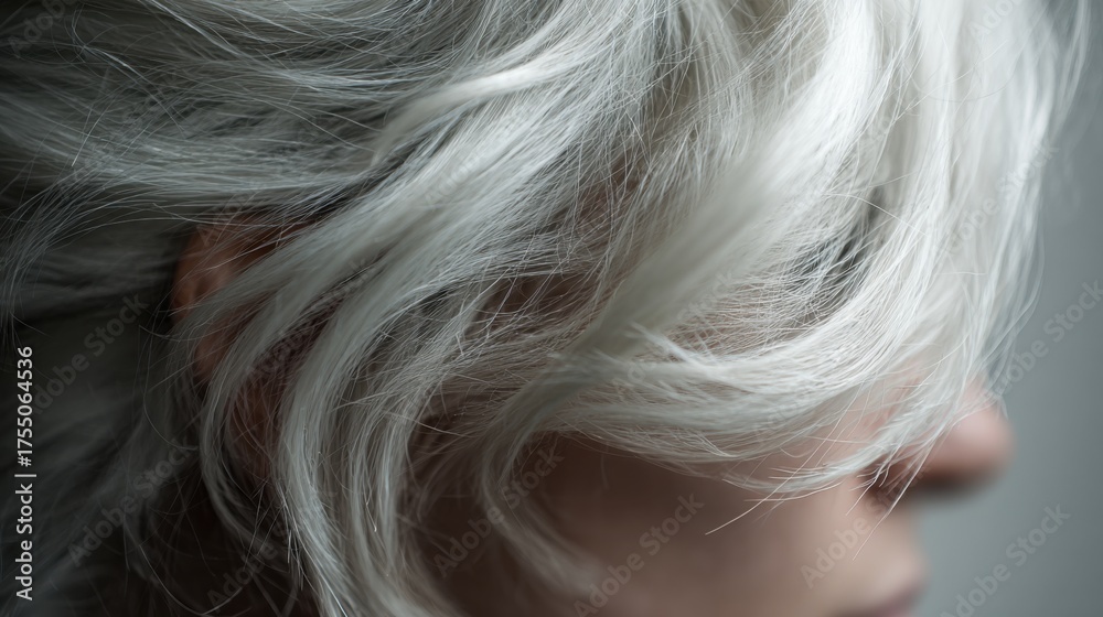 Naklejka premium White hair cascades softly around a face with the light catching the delicate strands. The focus is on the flow and texture creating a serene atmosphere.