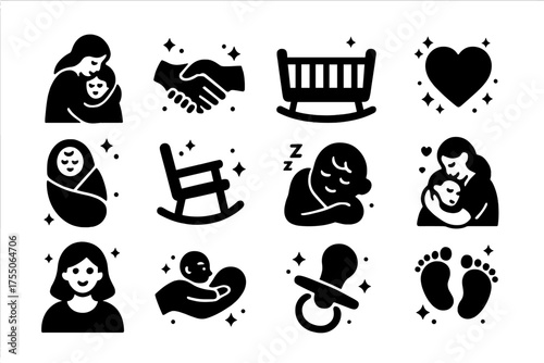 Protective Love Icons. Protective Love. Solid icons set of Protective Love: mother shielding child, hand holding, cradle, heart, blanket, rocking chair, baby