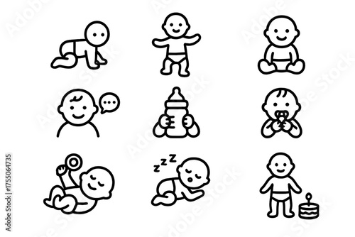 Baby Milestones Icons. Baby progress tracker. Line icon set of Baby progress tracker: crawling baby, first steps, sitting baby, first words, smiling baby,