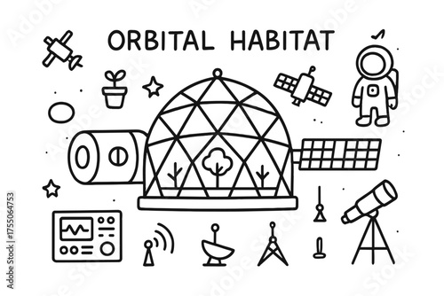 Orbital Habitat Doodle. Orbital Habitat. Hand-drawn doodle illustration Orbital Habitat space station module dome tree plant greenhouse solar panel astronaut