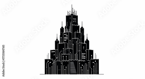 Dark, imposing cityscape silhouette symbolizing urban power and futuristic architecture.