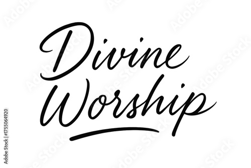 Elegant Divine Script. Script Hand-Lettering: "Divine Worship" brush script with fluid strokes, semi-cursive, elegant thin connectors; slightly slanted for
