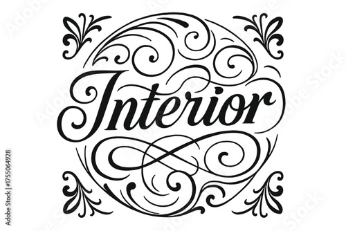 Flourished Script Interior. Flourish Lettering: "Interior" in classic ornamental flourished script, medium-thick curls, symmetrical swashes extending outward;