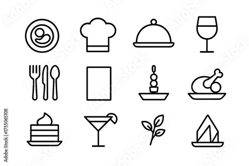 Exquisite Dining Icons. Exquisite dining. Line icon set of Exquisite dining: plated dish, chef hat, cloche, wine glass, cutlery set, menu card, appetizer, main