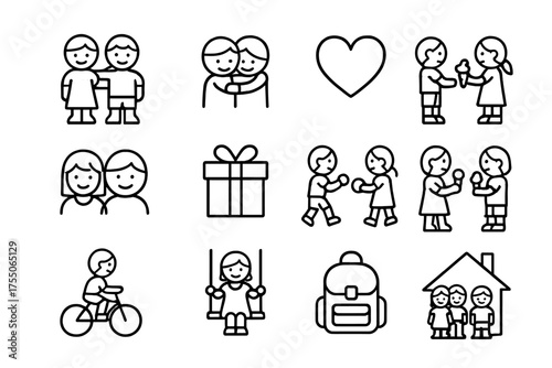 Children Playing Icons. Child play together. Line icon set of Child play together: two children holding hands, hugging, heart, shared toy, smiling faces, gift,