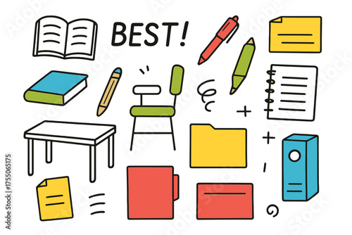 Colorful Doodle Desk. BEST!. Hand-drawn doodle illustration BEST! colored book, colored pen, colored pencil, colored paper, colored notebook, colored folder,