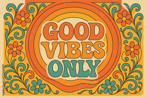 Retro 70s Vibes. 70s Poster with funky curved fonts, wavy stacked layout, warm gradients, concentric circles, floral swirls, #F07167 #FED9B7 #FDFCDC #00AFB9