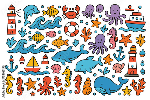 Ocean Doodle Adventure. Ocean. Colorful Hand-drawn doodle Children illustration ocean waves, fish, dolphins, whales, octopuses, crabs, seahorses, sharks,