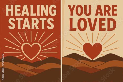Healing Banners with Sunrise. Healing. Two vertical A6 banners, retro, red and beige backgrounds, sunrise over rolling hills with a heart-shaped sun, first