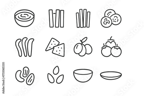 Healthy Snack Icons. Healthy snacks. Line icon set of Healthy snacks: hummus, carrot sticks, celery sticks, cucumber slices, bell pepper strips, pita chips,