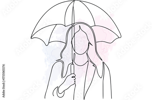 Continous line drawing a woman holding an umbrella with blue watercolor splashes single line
