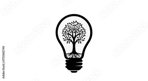Creative idea of a tree with roots inside a light bulb symbolizing growth and innovation