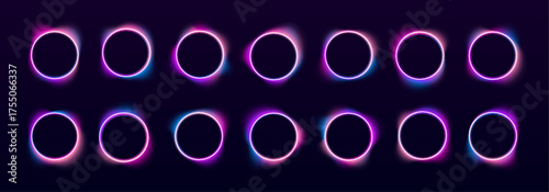 A set of glowing neon circle frames with smooth gradients. Each shape emits a soft electric light on a dark background. Perfect for digital designs and banners.