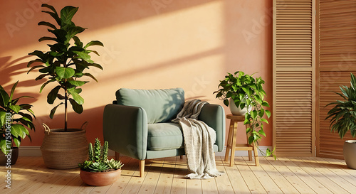 Cozy living room interior with armchair, plants, wooden screen and sunlight shadow