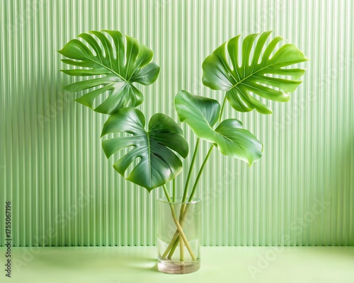 Green palm with reeded glass. Ribbed Background. Minimalist vanity background with frosted texture for spa aesthetic. White Reeded Glass. Plant leaves. Sunny banner for minimal wood presentation.