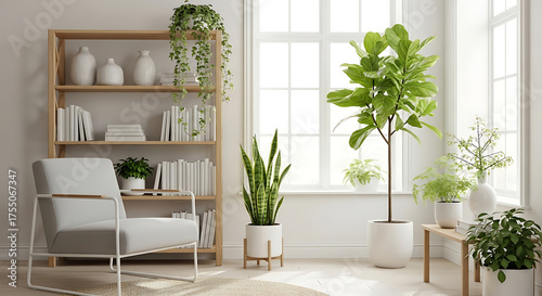 Bright and airy living room with white armchair, bookshelf and various potted plants