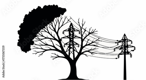 Symbolic illustration of nature and technology merging with power lines intertwined in a tree.