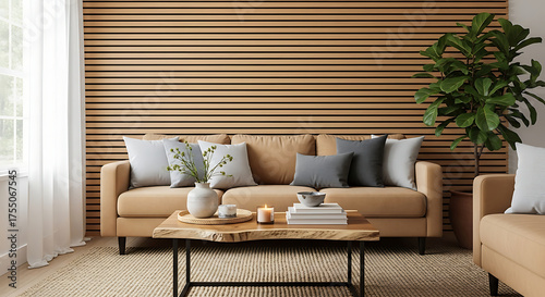 Modern living room interior with beige sofa, pillows, coffee table and decoration