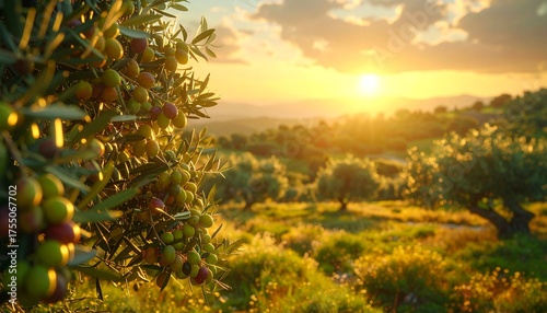 Olive tree plantation at sunset with golden light over green hills