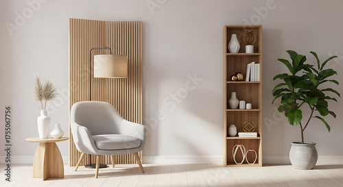 Cozy living room interior with armchair, lamp, wooden screen, and potted plant