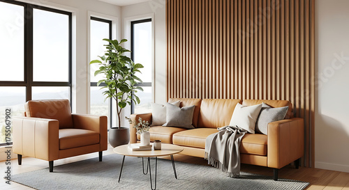 Bright living room with leather sofa, armchair, wooden screen, rug, and potted plant