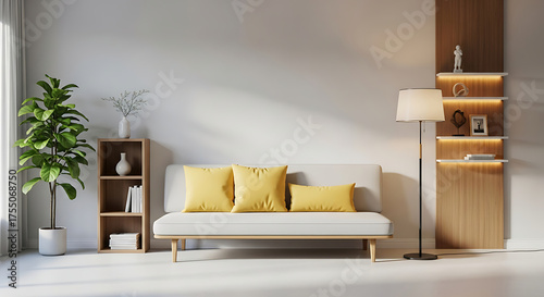 Bright and cozy living room interior with sofa, plant, lamp, and decorative shelves
