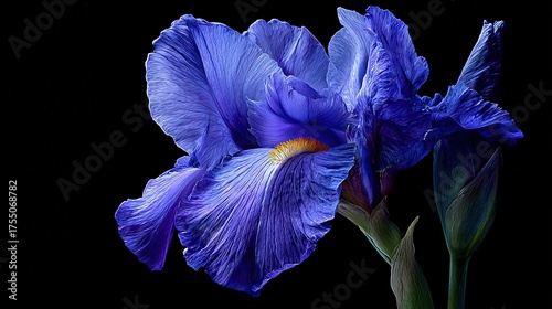   A blue flower on black background with a yellow stamen at its center