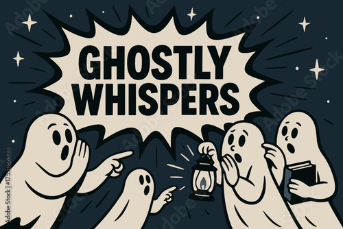 Ghostly Whispers Banner. GhostlyWhispers banner, flat vector illustration, bold oversized text inside splash explosion shape, cartoon characters whispering and