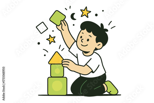 Imaginative Block Building. Child with building blocks. A child stacking colorful glowing blocks into a tower, abstract geometric shapes and stars floating