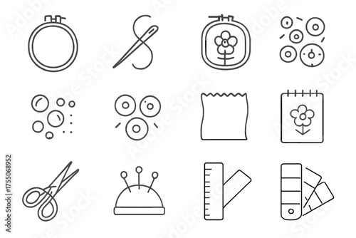 Embroidery Tools Icons. Customized embroidery. Line icon set of Customized embroidery: embroidery hoop, needle, thread, pattern design, beads, sequins, fabric