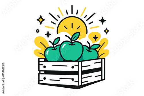 Glowing Apple Crate. Crate of freshness. Apples glowing inside an open crate with abstract sun rays and sparkles floating above symbolizing natural harvest.